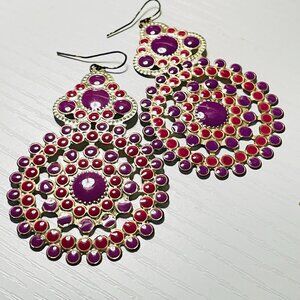 Statement Gold Tone Drop Earrings Purple Red Enamel Lightweight Boho